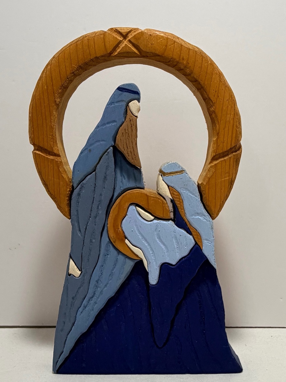Wood Hand-Painted Blue Nativity Sculpture  Christmas Decor